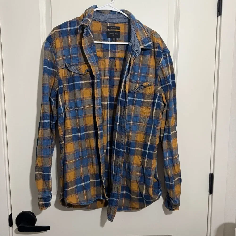 True Religion Jacquard Gold & Blue Button Down Plaid Flannel Shirt